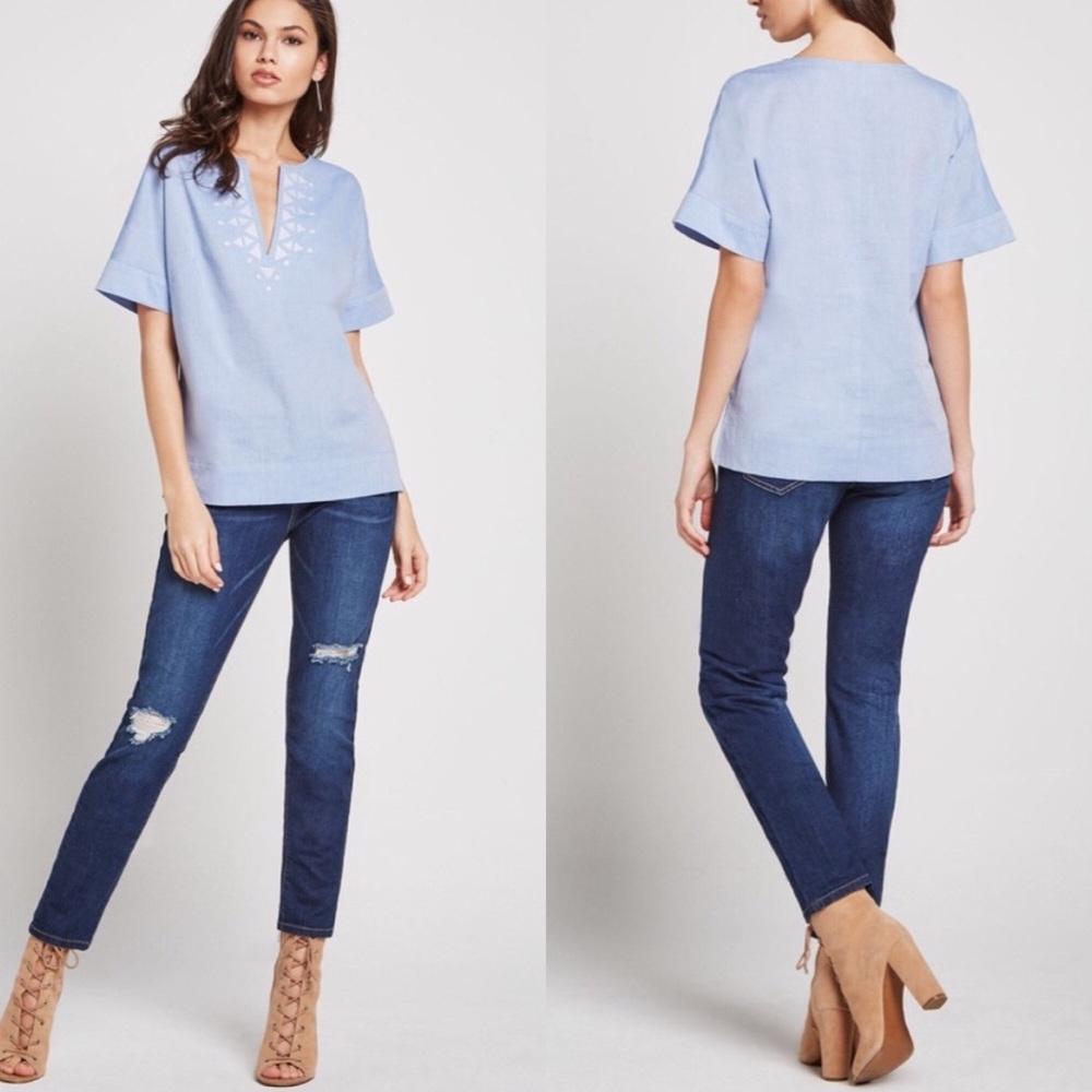 BCBGeneration Women's Embroidered Top, Light Blue, Large